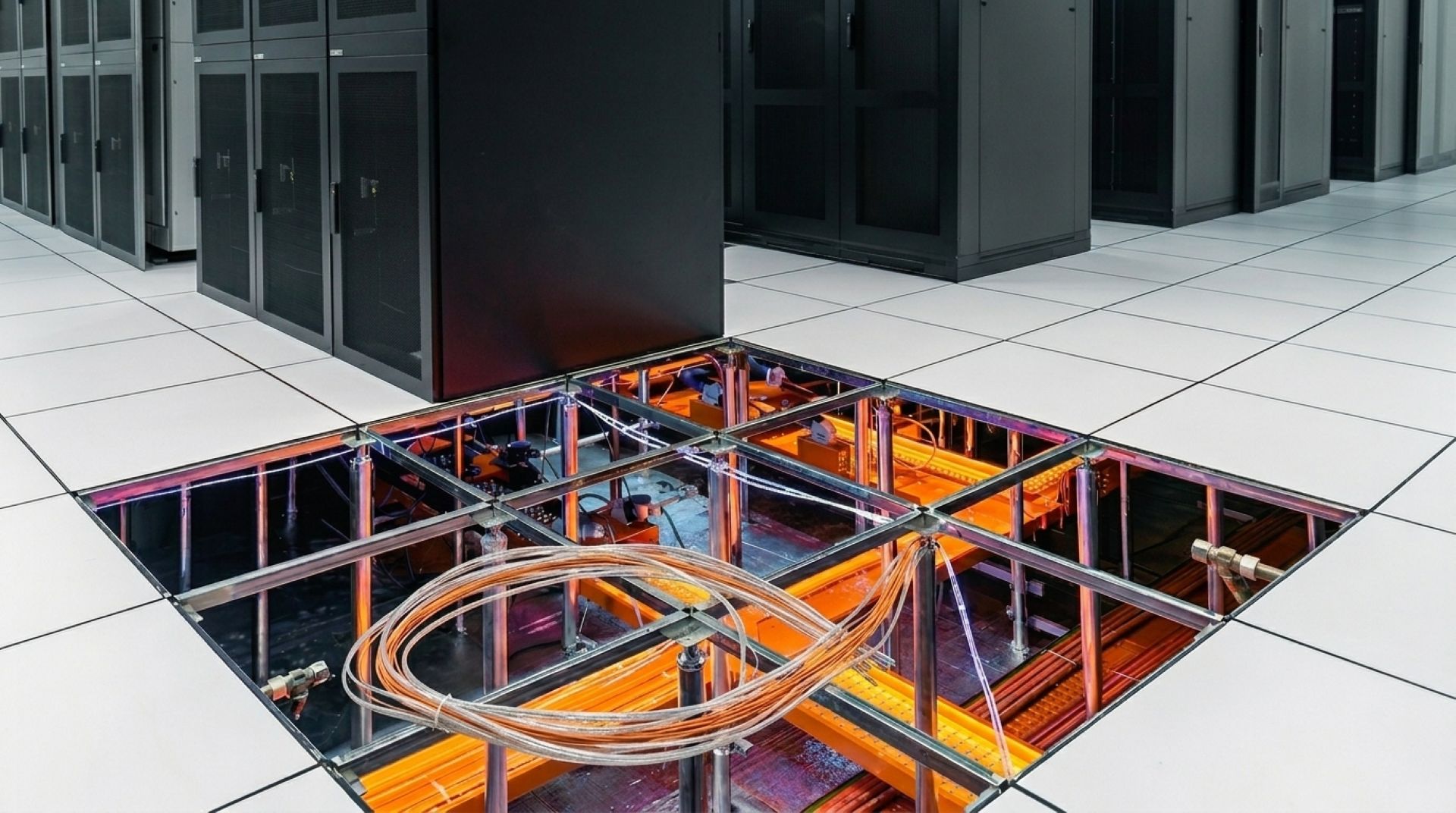Structural grid ceiling and raised access flooring in a data center