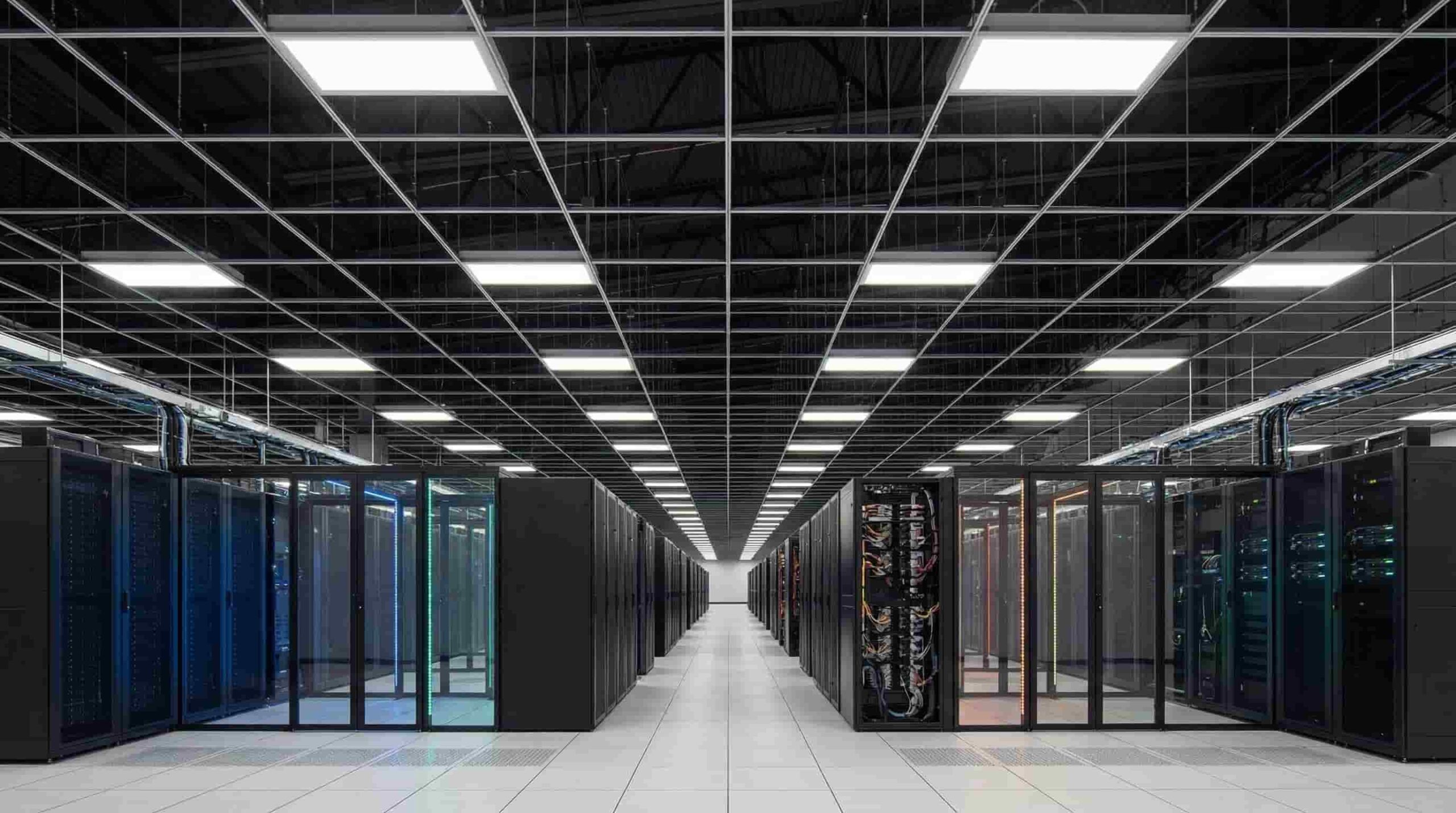 Structural grid ceiling and raised access flooring in a data center