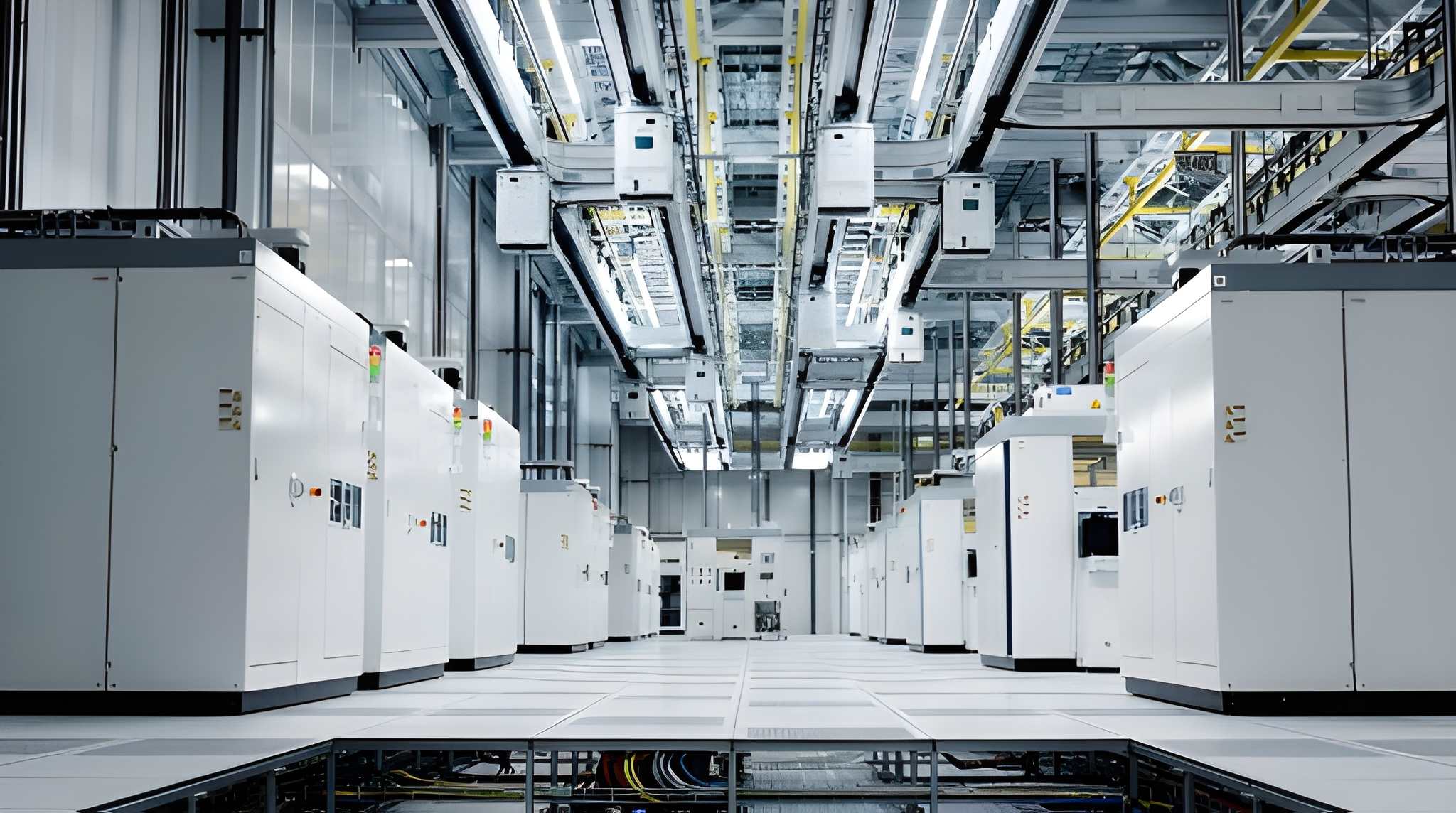 Structural grid ceiling and raised access flooring in a data center