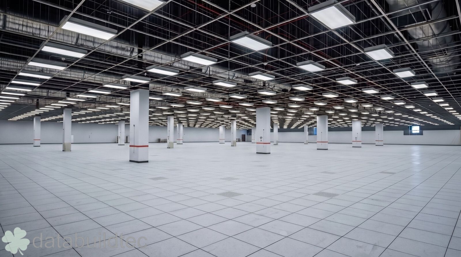 Large data hall with structural grid ceiling
