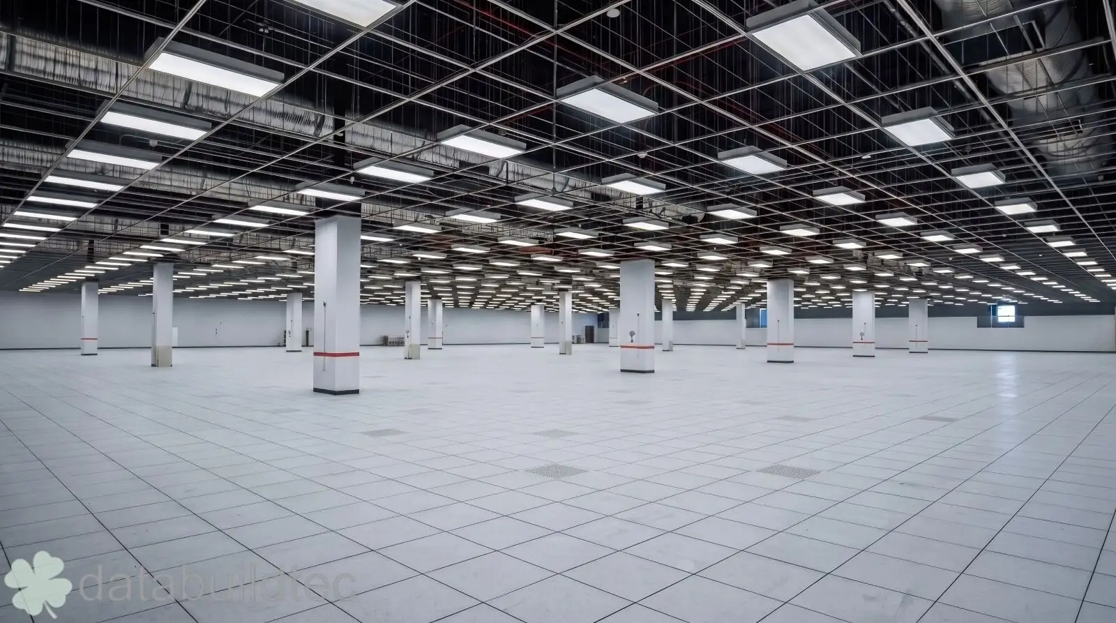 Large data hall with structural grid ceiling